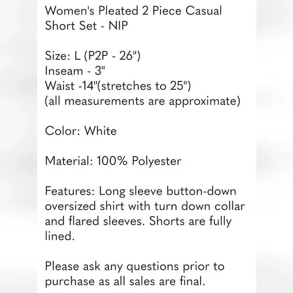⁸Women's Pleated 2 Piece Casual Short Set - NIP - Picture 9 of 10